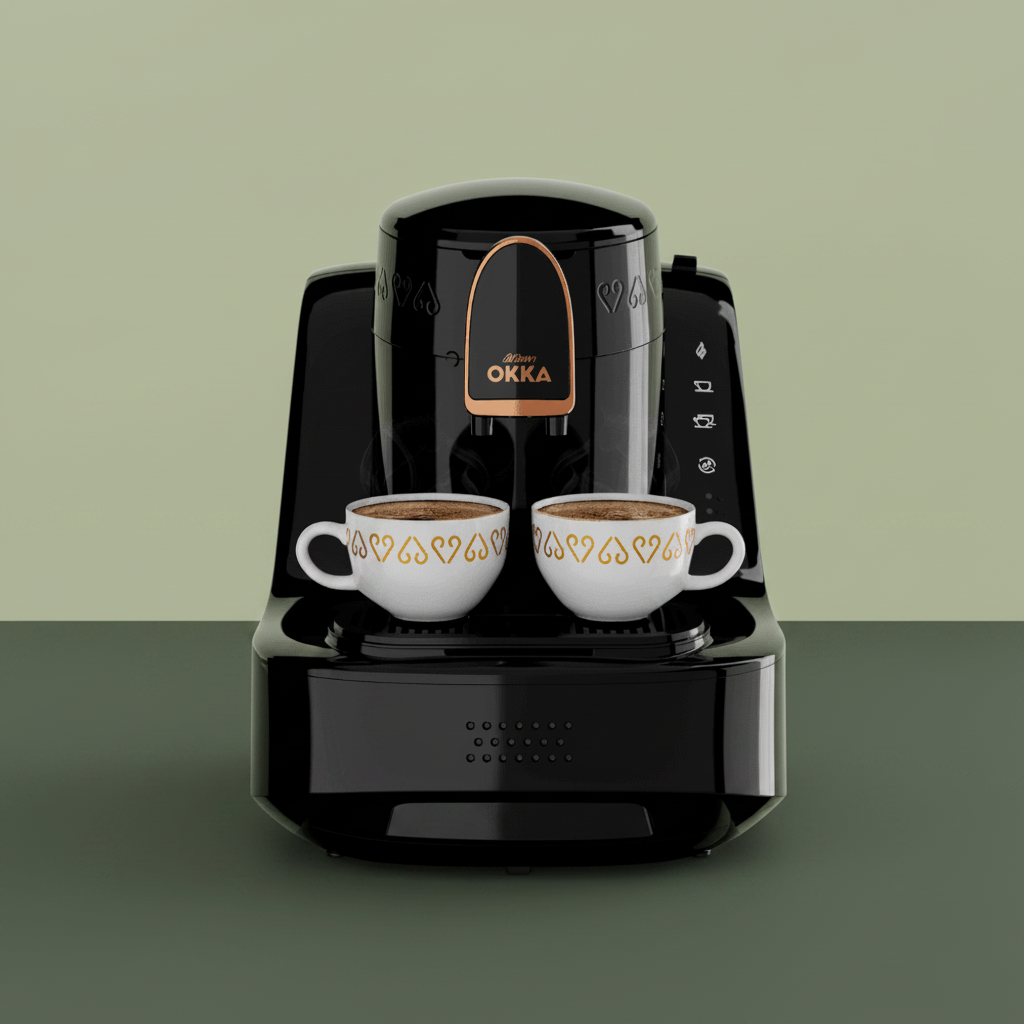 Black coffee machine with two white cups filled with coffee on a white background